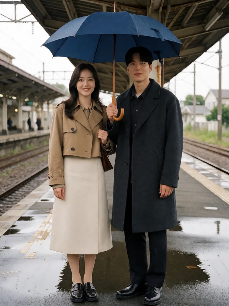 两名成年人物在雨后旧车站屋檐下共撑一把蓝色长伞