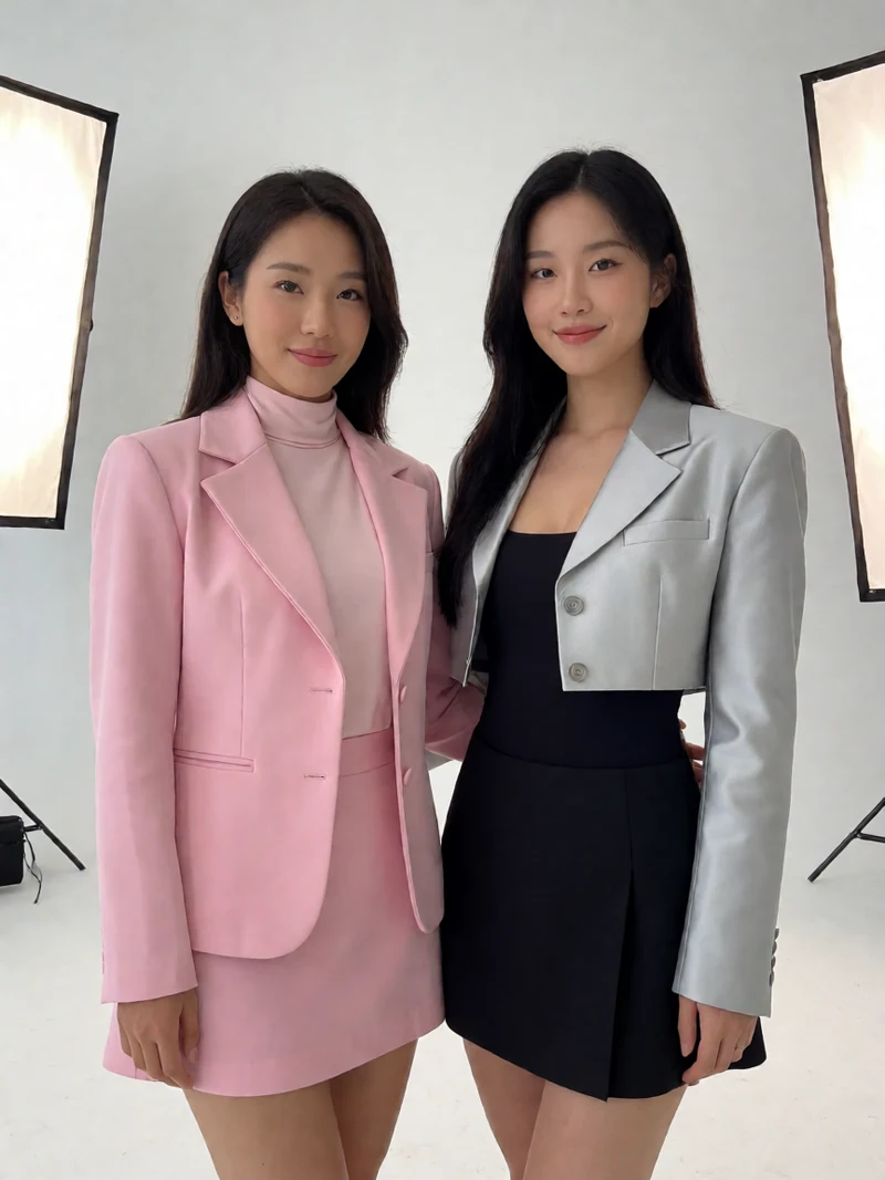 两名成年女性分别穿粉色与银色舞台服装，在白色摄影棚并肩站立